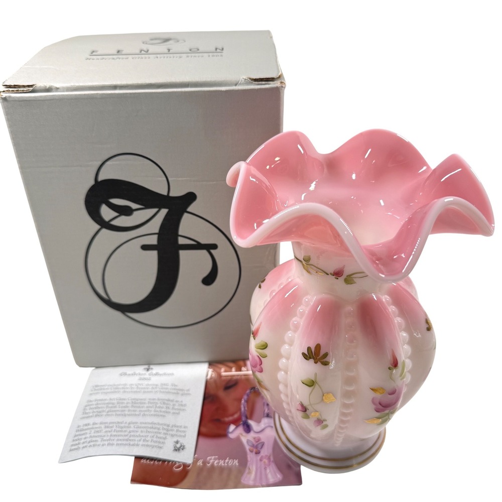 FENTON Rosalene Vase Charleton Collection 2002 Pink Hand Painted Roses w/ Box